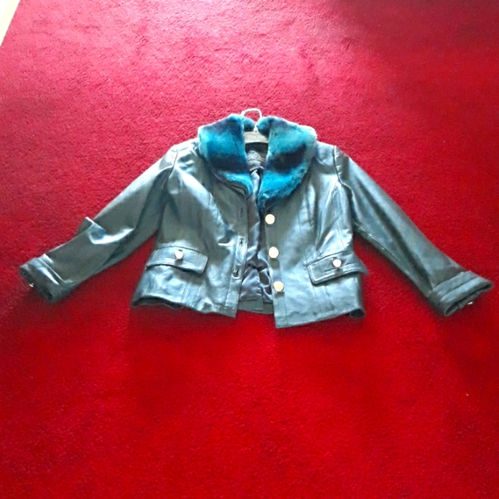Teal Faux Fur and Leather Jacket
